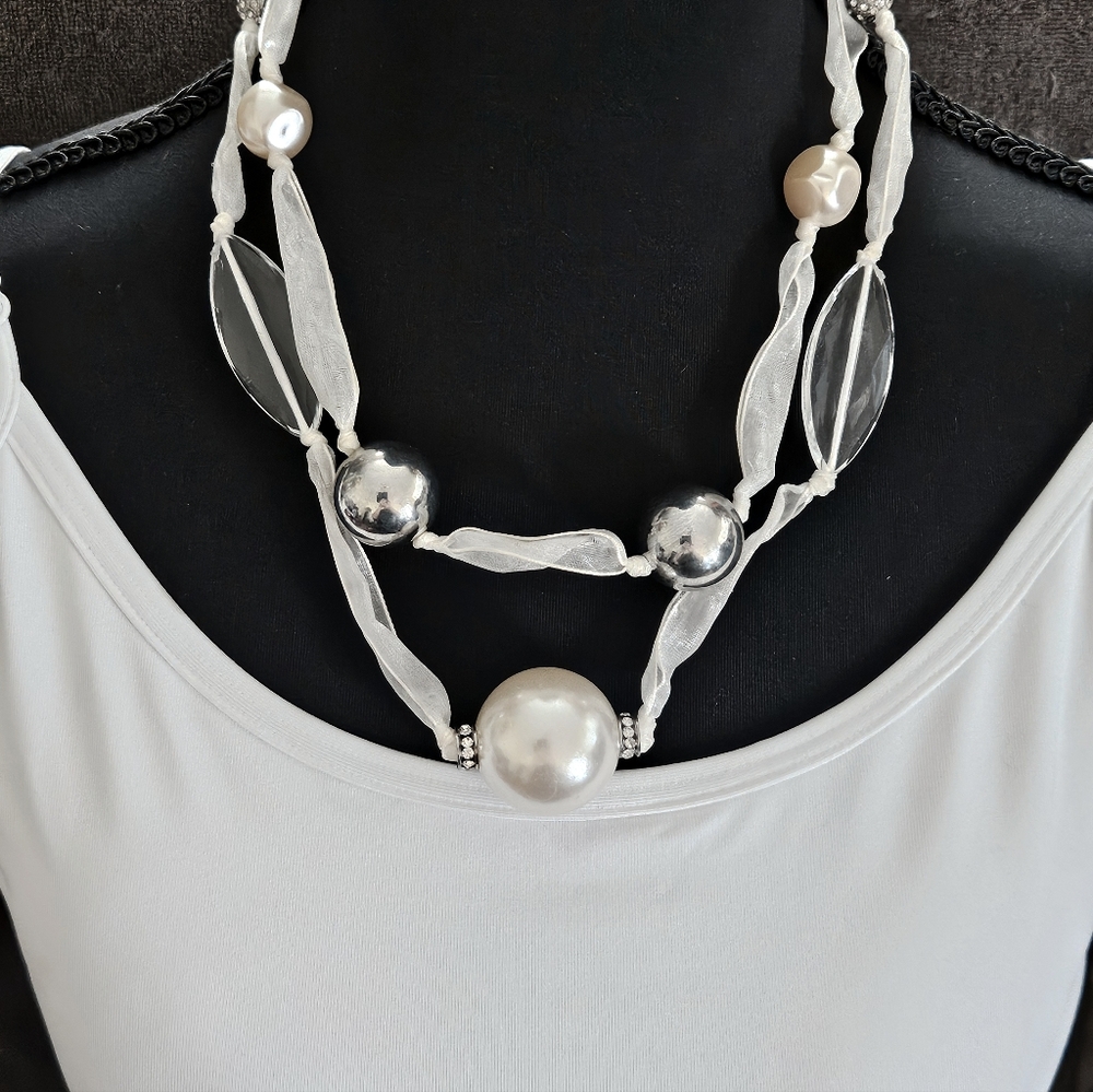 VTG 2-Strand White Organza Ribbon with Faux Pearls  Glass & Beads 20"L Necklace